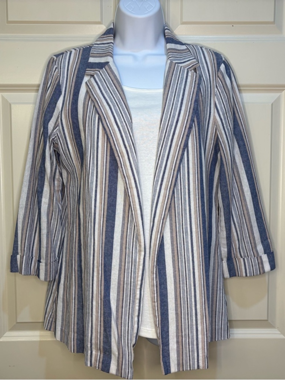 Have Striped Open-Front Blazer Jacket in Blue and Cream